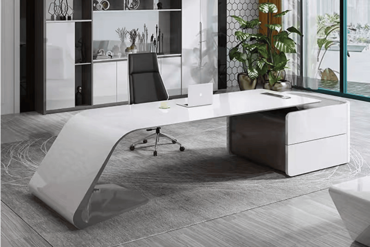 White Minimalist Solid Surface Boss Desk for Creative Offices in acrylic solid surface for custom B2B project furniture