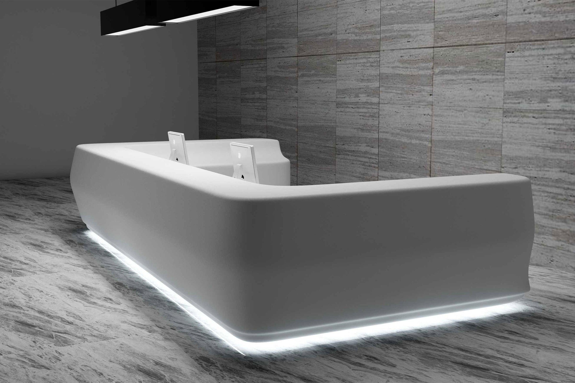 U-shaped white solid surface reception desk for a corporate office
