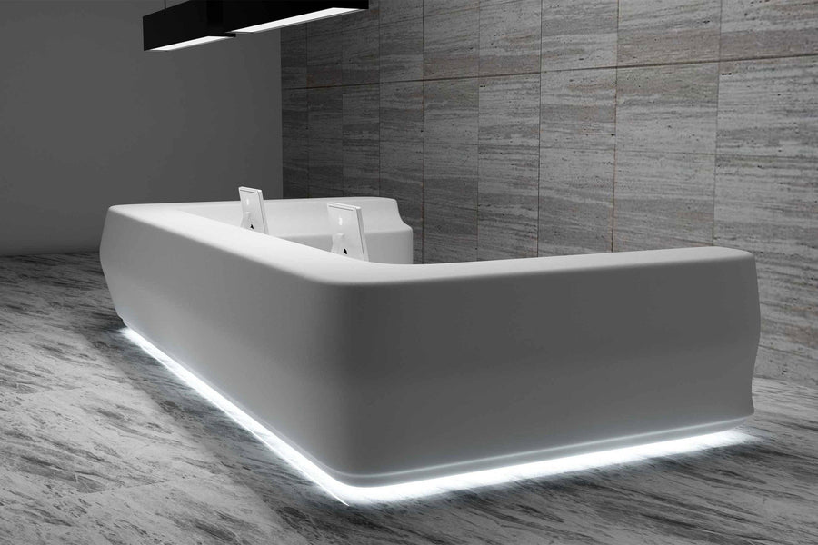 U-Shaped White Solid Surface Reception Desk for Office Furniture Projects in acrylic solid surface for custom B2B project.