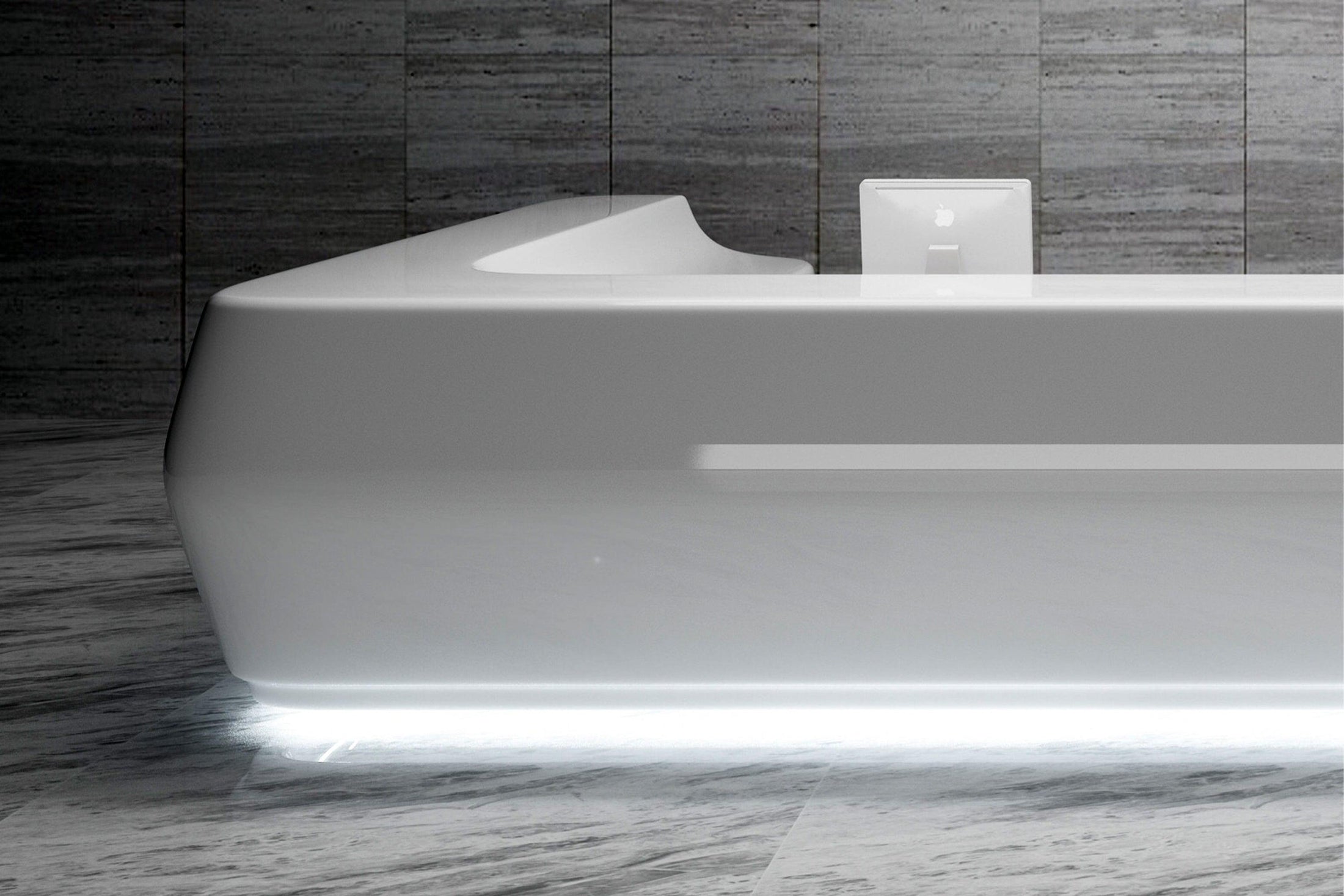 Side view of u-shaped white solid surface reception desk for office furniture projects with seamless acrylic solid surface finish