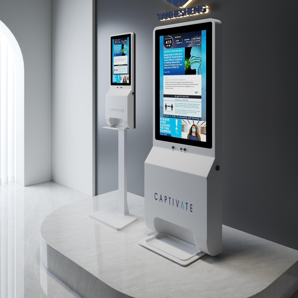 Side view of custom solid surface airport self-checkout cabinet with seamless acrylic solid surface finish