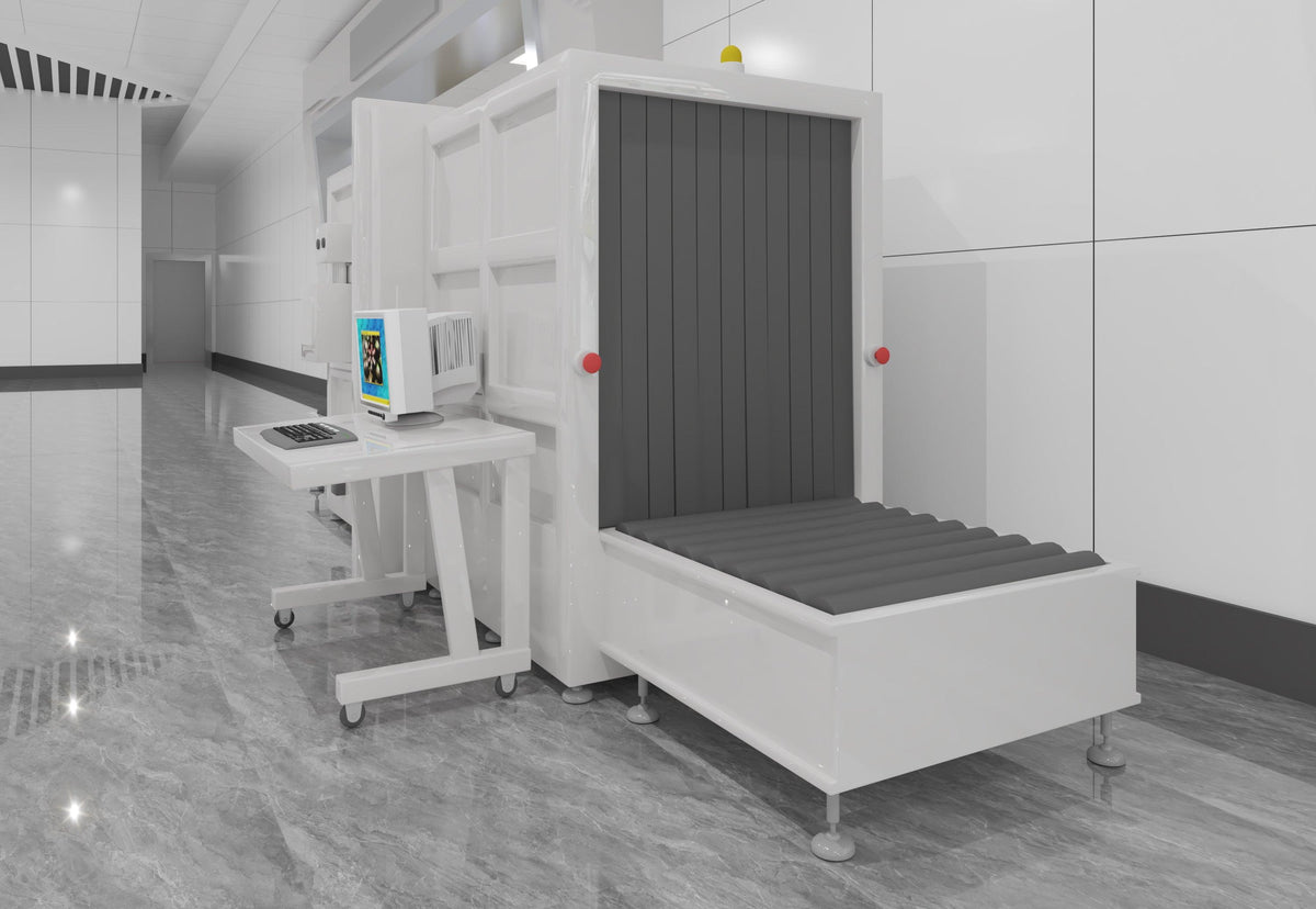 Side view of custom solid surface airport security checkpoint kiosk with seamless acrylic solid surface finish