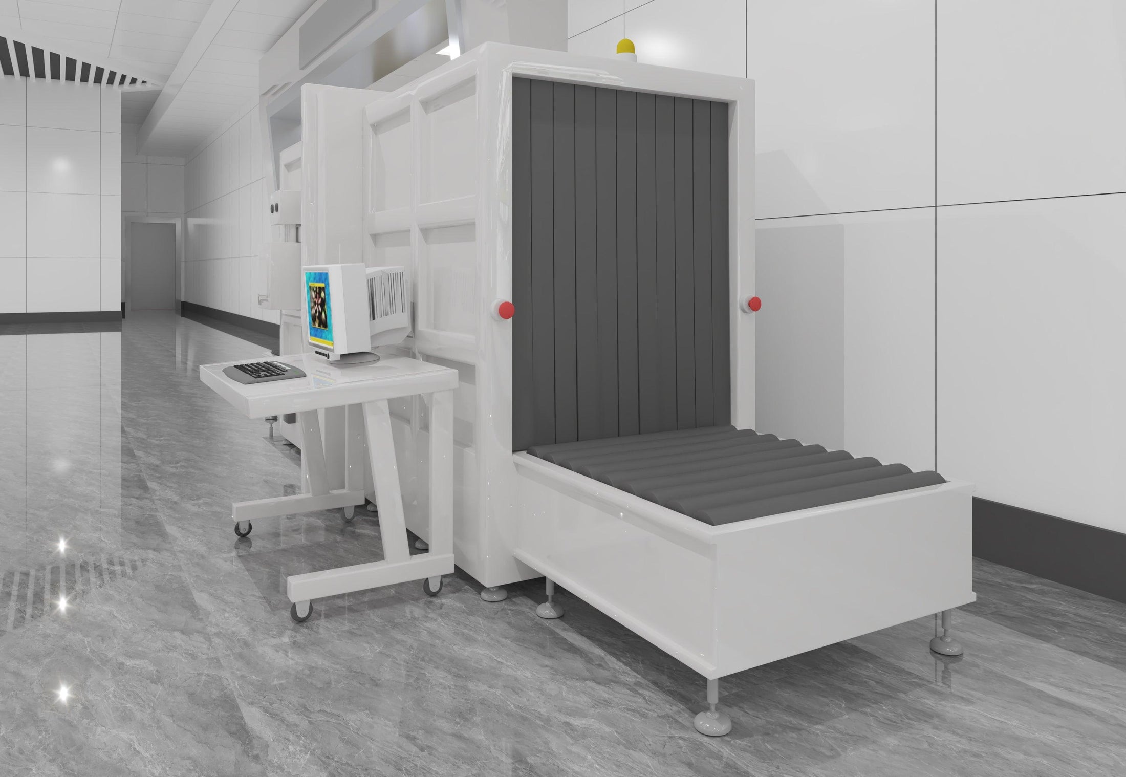 Side view of custom solid surface airport security checkpoint kiosk with seamless acrylic solid surface finish