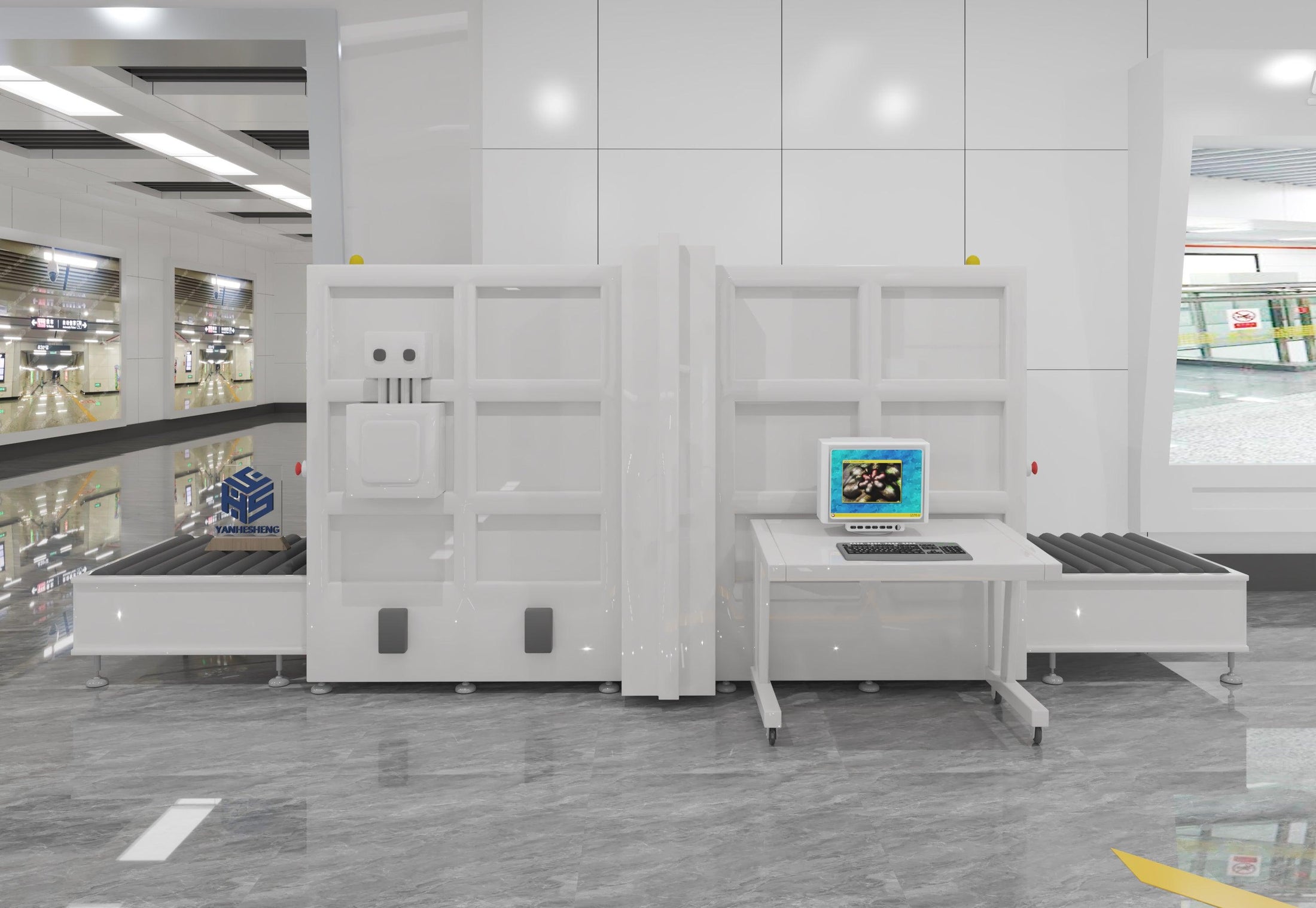Side view of custom solid surface airport security checkpoint kiosk with seamless acrylic solid surface finish