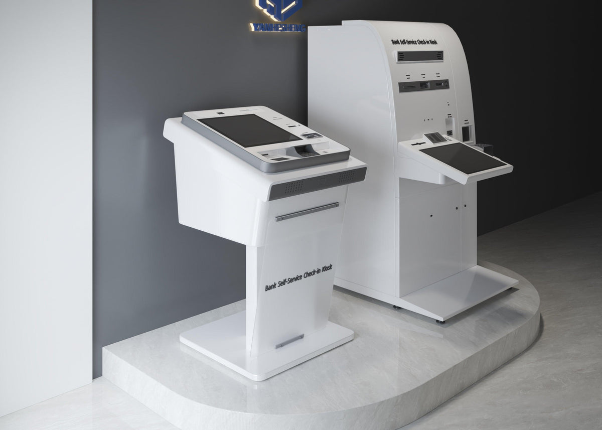 Side view of custom solid surface self-service kiosk counter for airports and ports with seamless acrylic solid surface finish