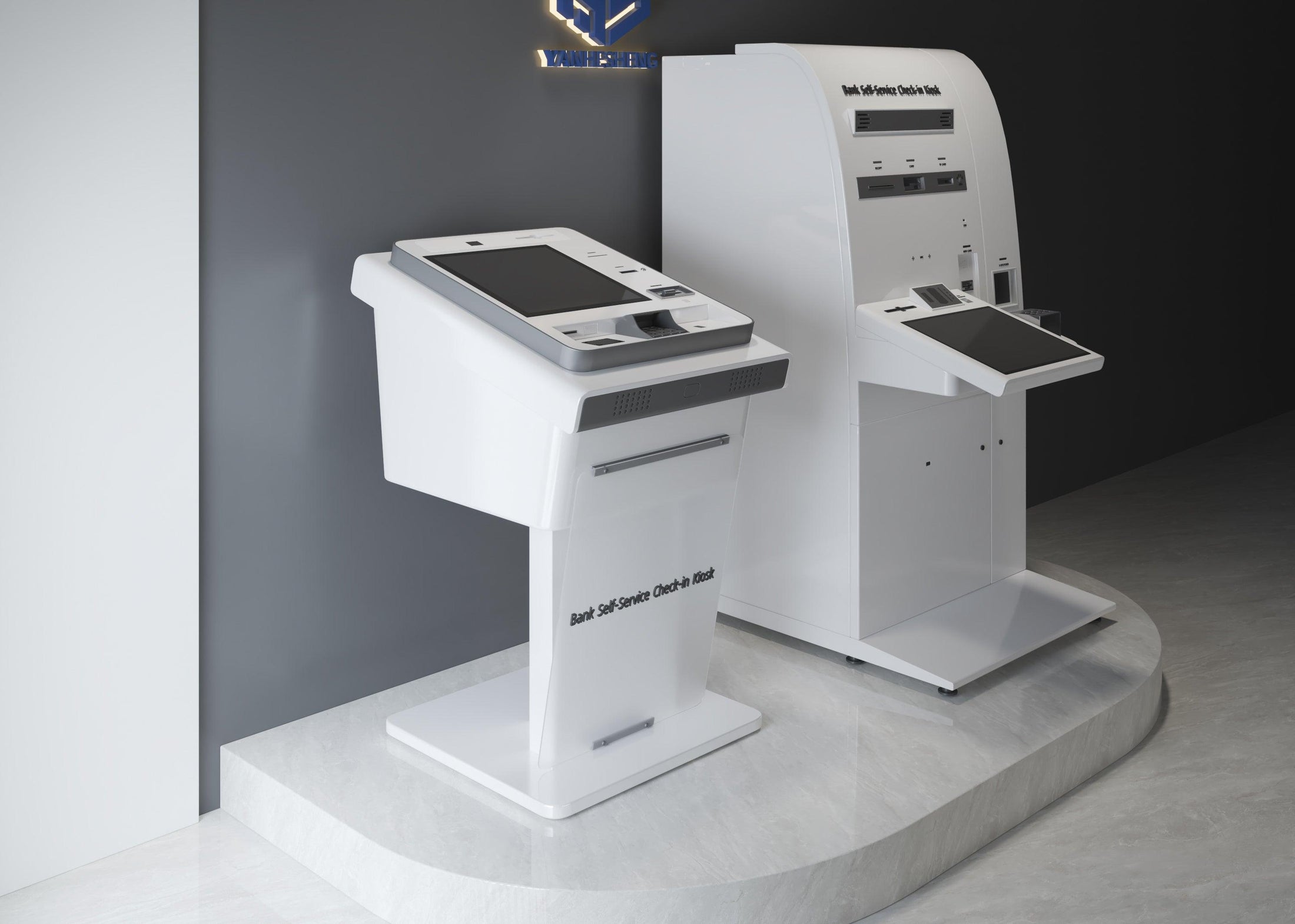 Side view of custom solid surface self-service kiosk counter for airports and ports with seamless acrylic solid surface finish