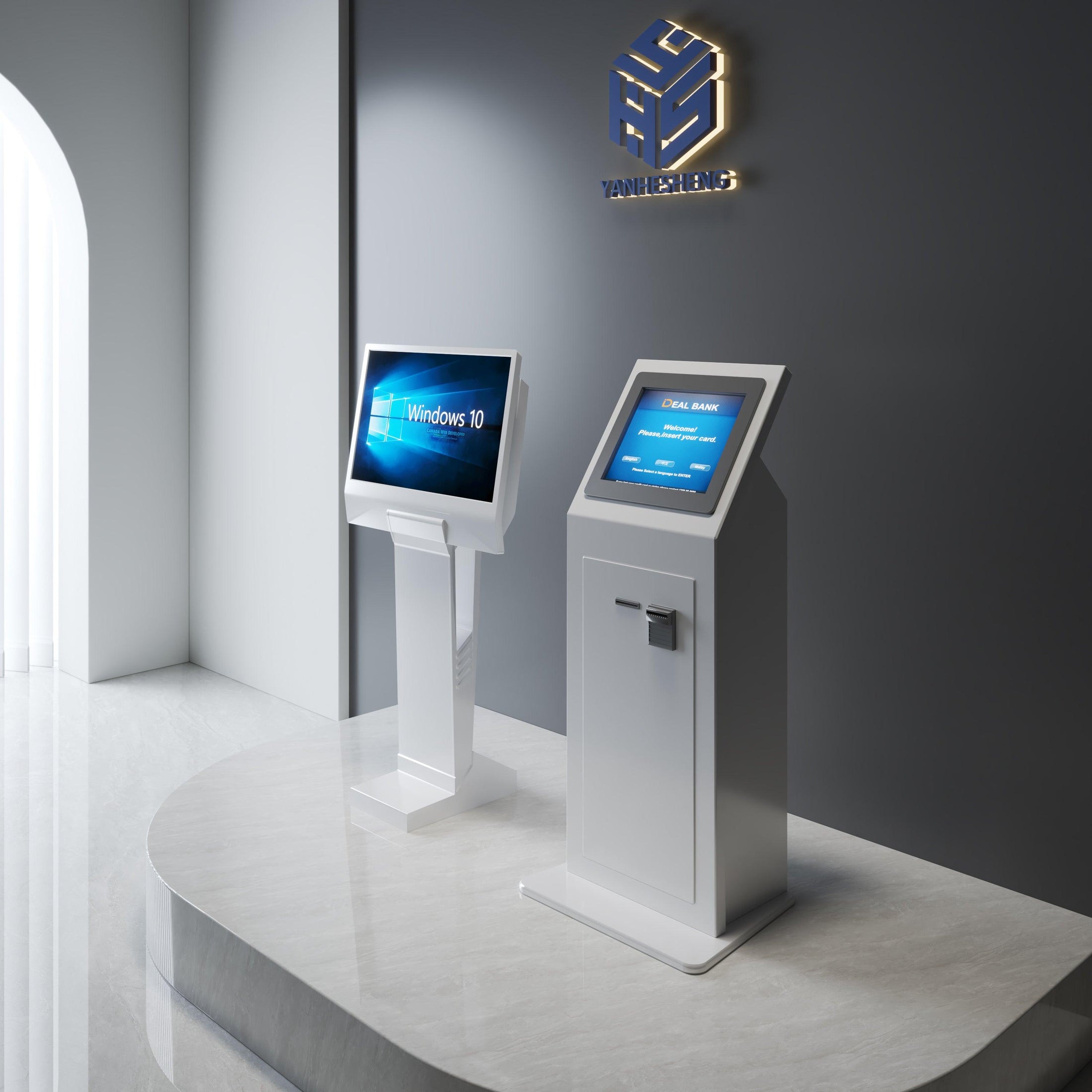 Side view of solid surface airport self-service check-in cabinet with monitor opening with seamless acrylic solid surface finish