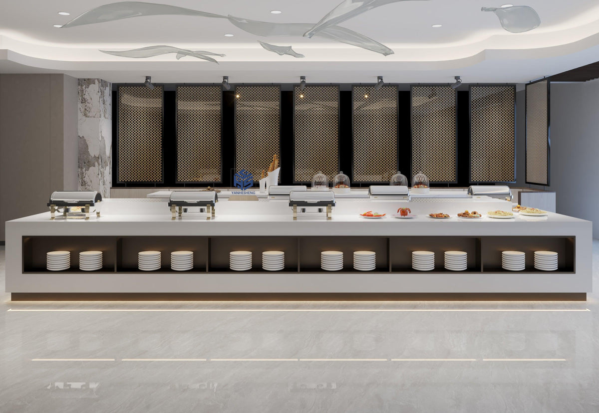 Side view of solid surface hotel buffet counter for self-service dining with seamless acrylic solid surface finish