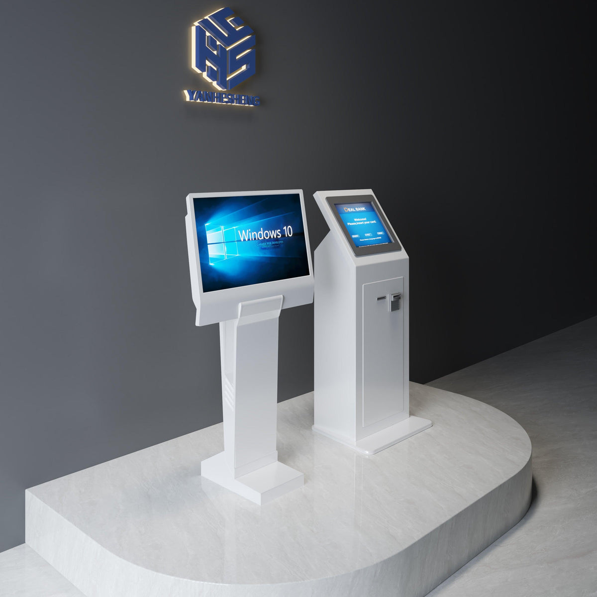 Side view of solid surface airport self-service check-in cabinet with monitor opening with seamless acrylic solid surface finish