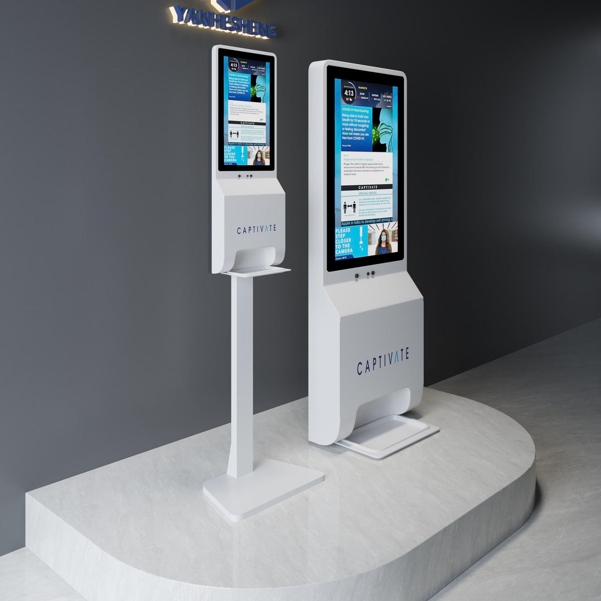 Side view of custom solid surface airport self-checkout cabinet with seamless acrylic solid surface finish