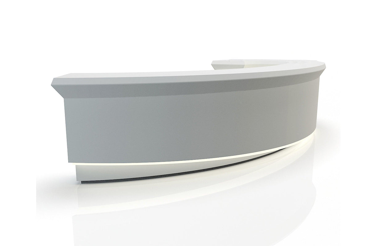 Side view of half-round white solid surface reception desk for offices with seamless acrylic solid surface finish