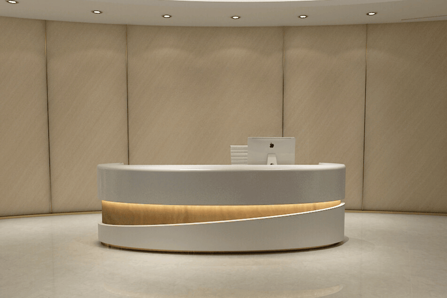 Half-Round Solid Surface Reception Desk for 2-Person Offices in acrylic solid surface for custom B2B project furniture