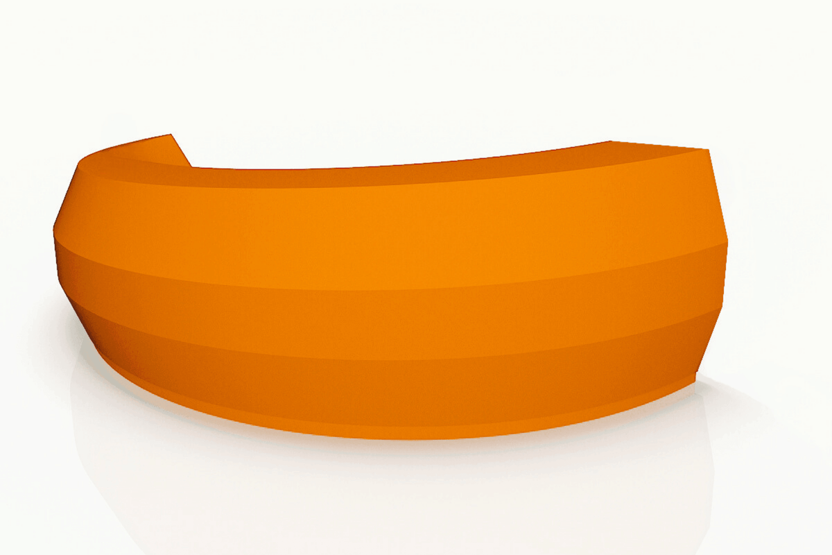 Side view of half-round solid surface hotel reception desk with seamless acrylic solid surface finish