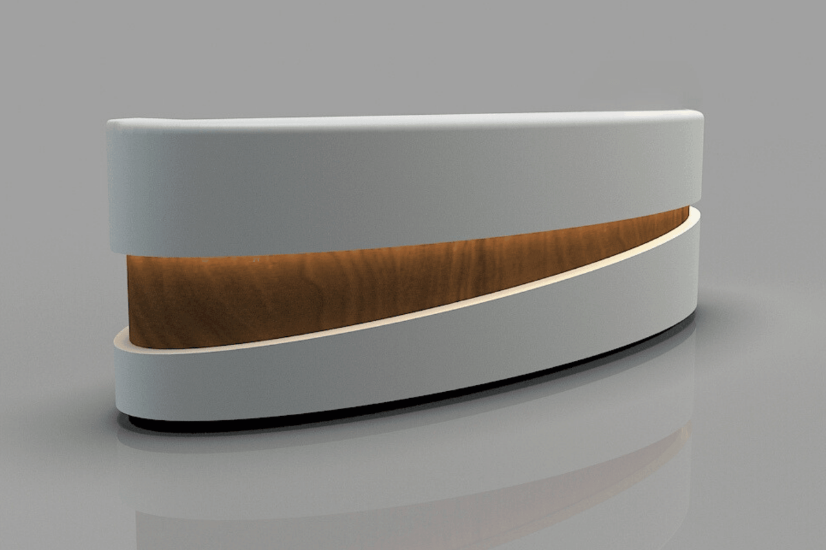 Side view of half-round solid surface reception desk for 2-person offices with seamless acrylic solid surface finish
