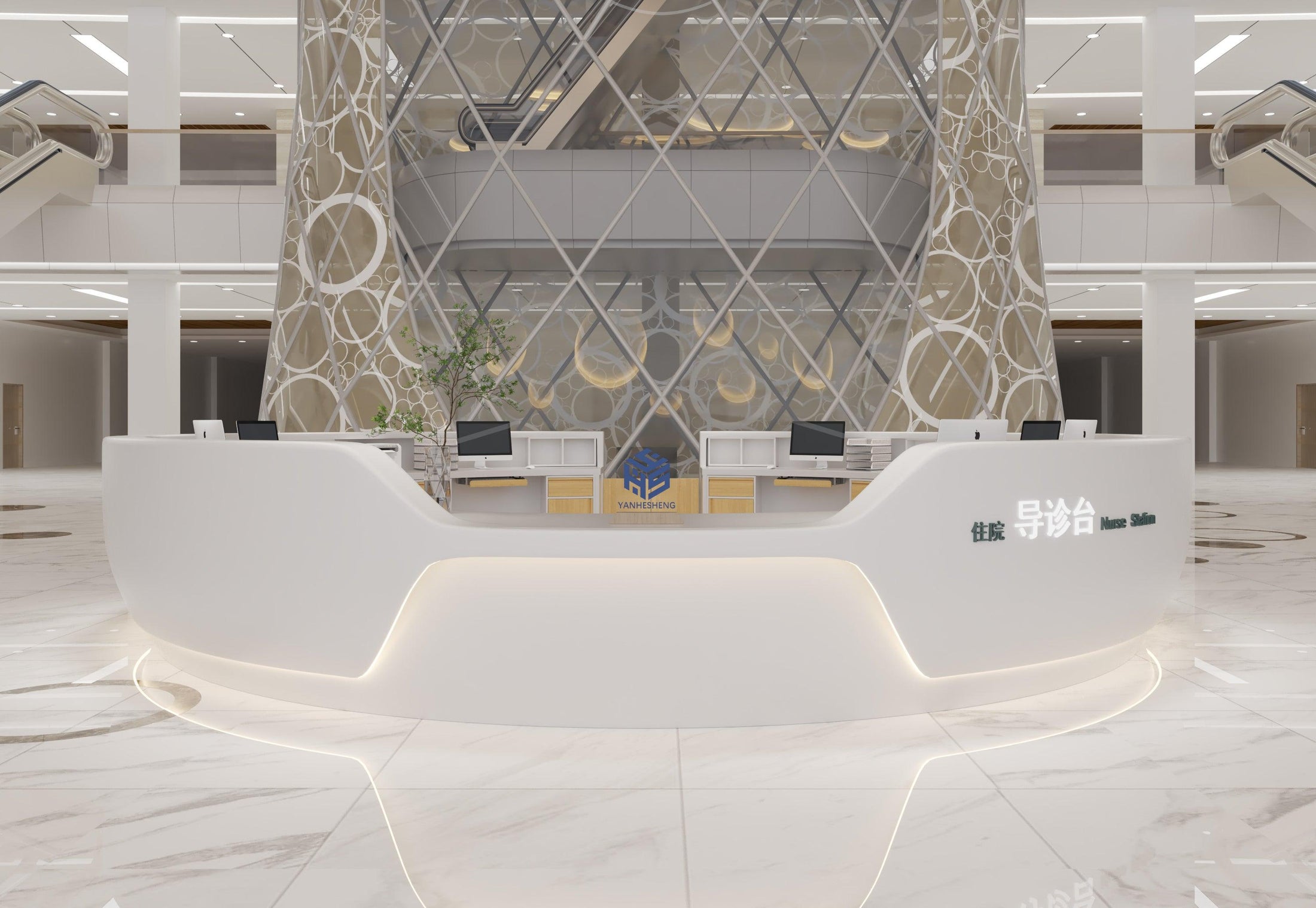 Round White Solid Surface Hospital Service Desk in acrylic solid surface for custom B2B project furniture