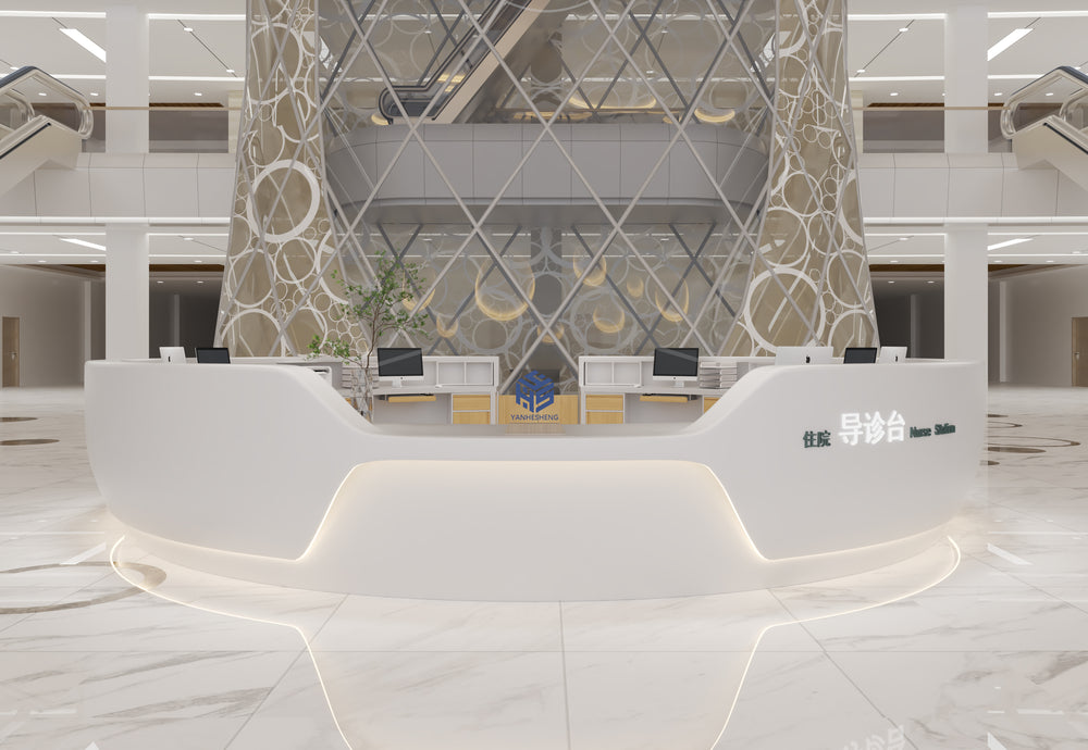 Application reference of a curved solid surface service counter in a healthcare interior