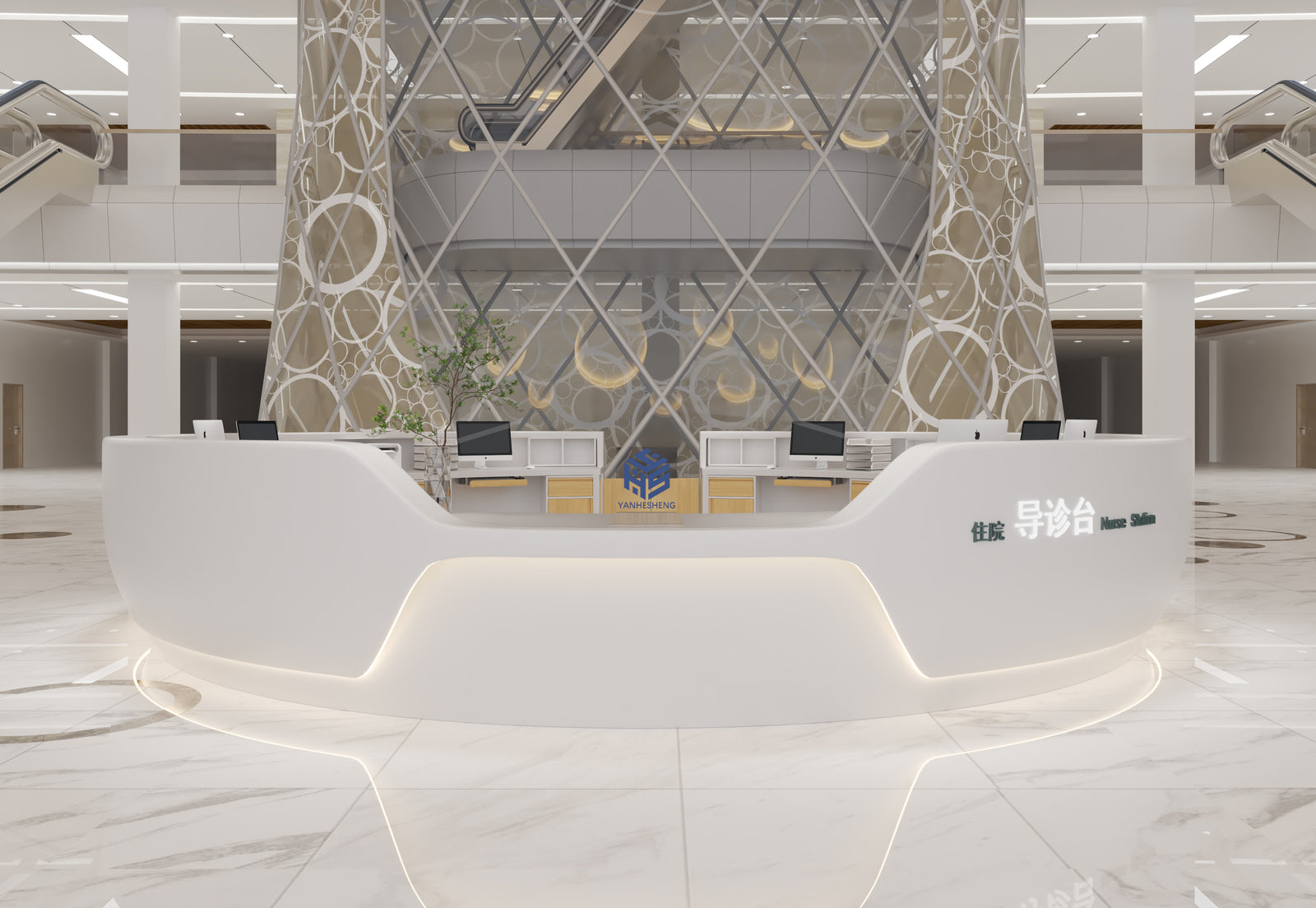 Custom solid surface hospital nurse station and service counter