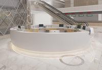 Side view of round white solid surface hospital service desk with seamless acrylic solid surface finish