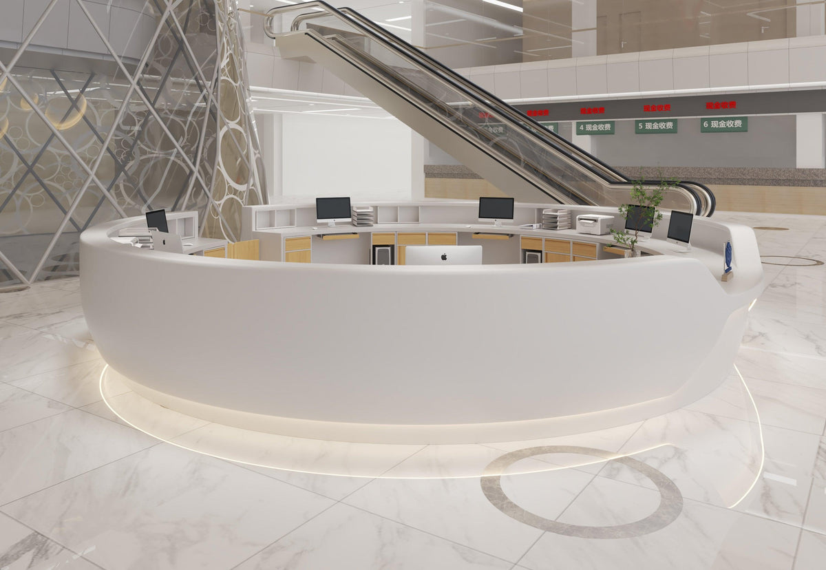 Side view of round white solid surface hospital service desk with seamless acrylic solid surface finish
