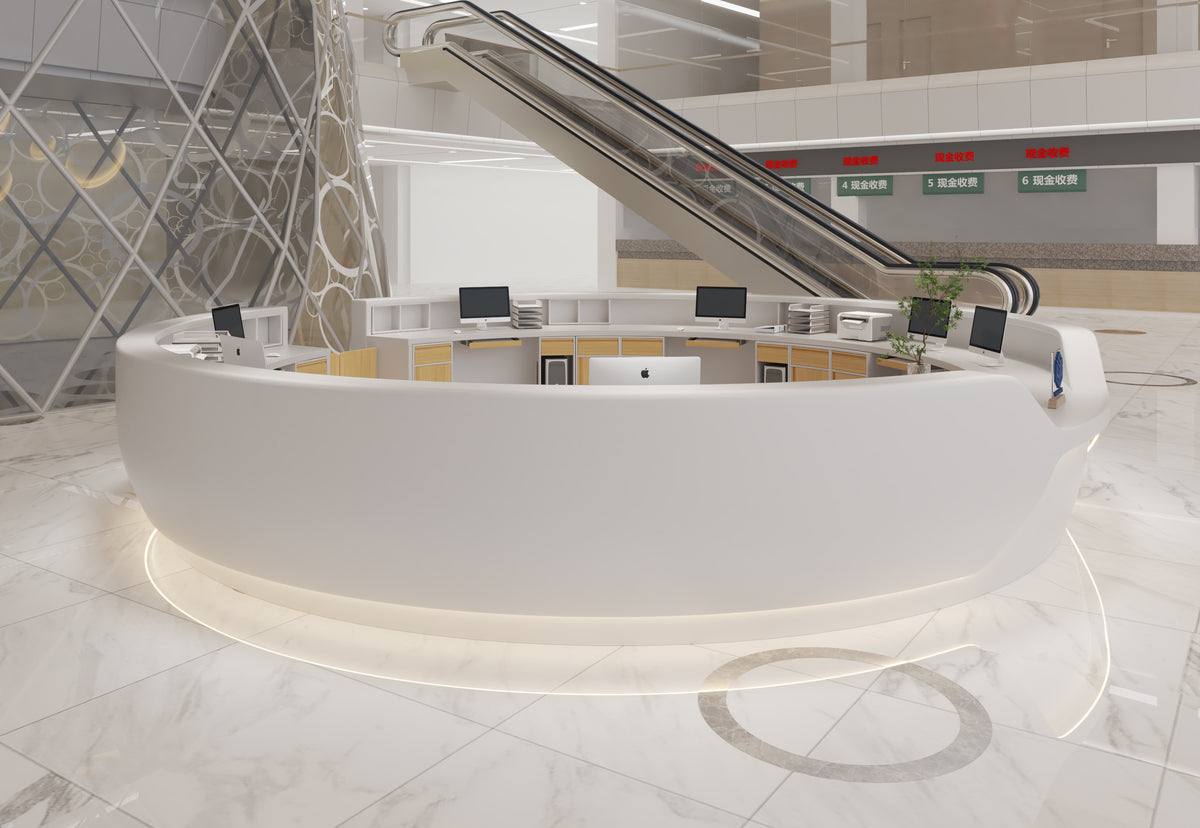 Custom solid surface healthcare service counter and kiosk housing environment