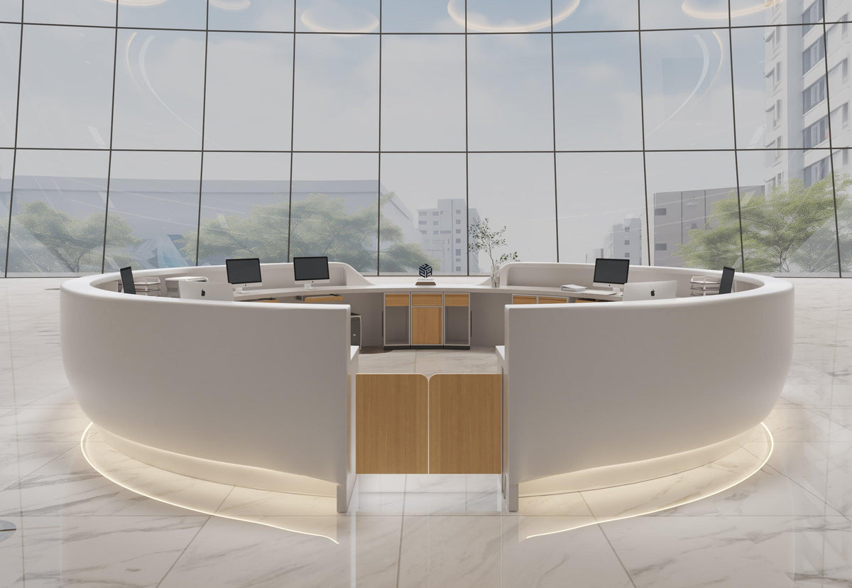 Side view of round white solid surface hospital service desk with seamless acrylic solid surface finish
