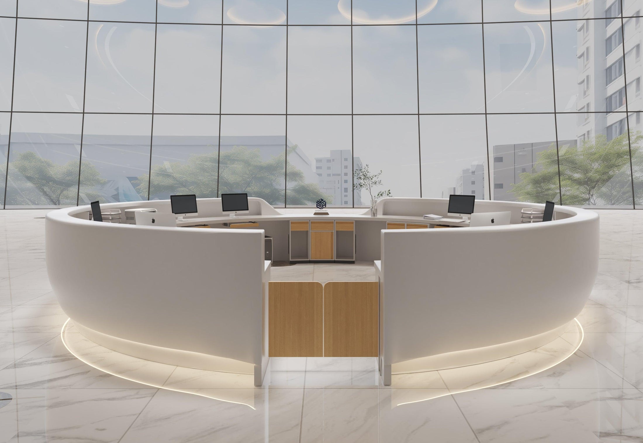 Side view of round white solid surface hospital service desk with seamless acrylic solid surface finish