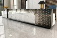 Side view of marble look solid surface hotel reception desk with seamless acrylic solid surface finish