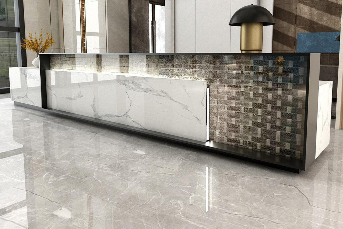 Side view of marble look solid surface hotel reception desk with seamless acrylic solid surface finish