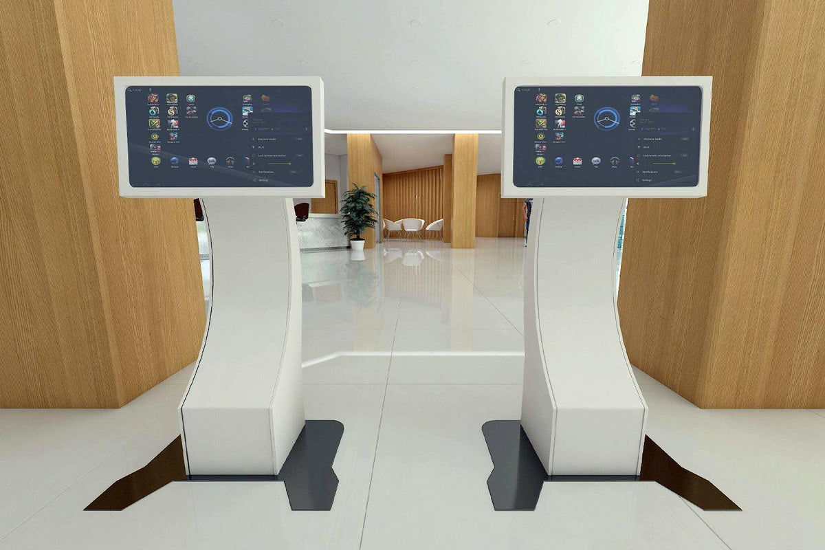 Side view of curved white solid surface airport check-in counter with seamless acrylic solid surface finish