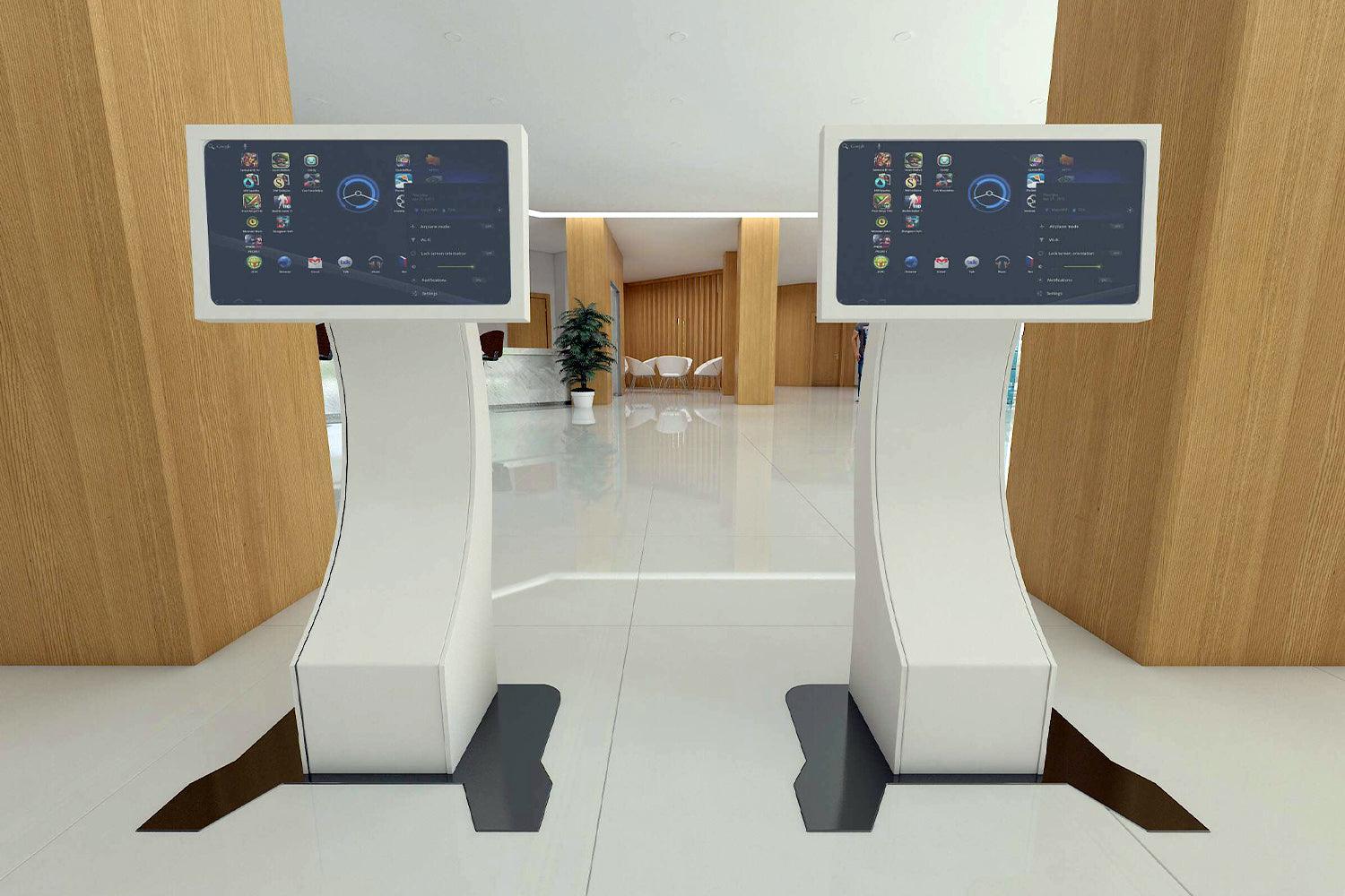 Side view of curved white solid surface airport check-in counter with seamless acrylic solid surface finish