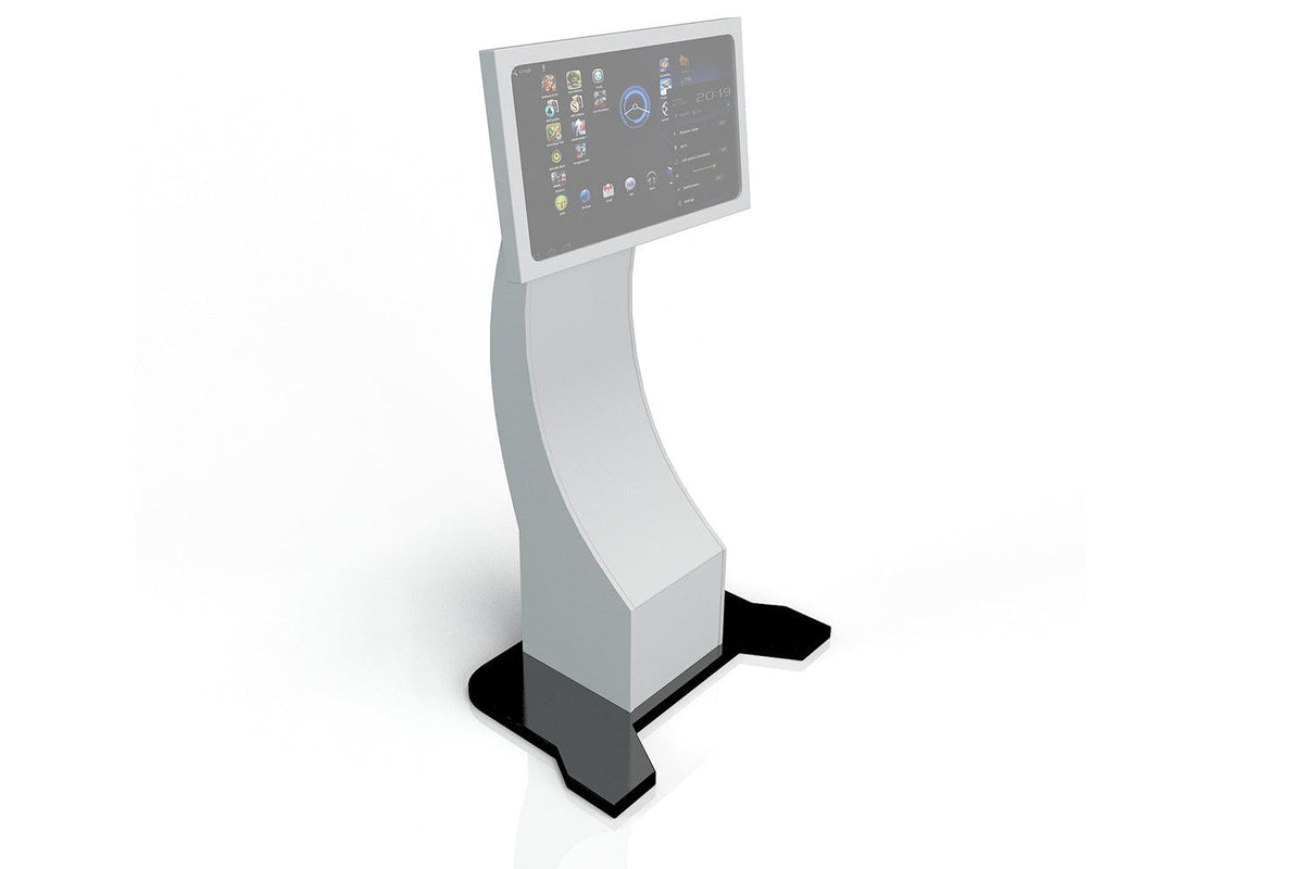Side view of curved white solid surface airport check-in counter with seamless acrylic solid surface finish