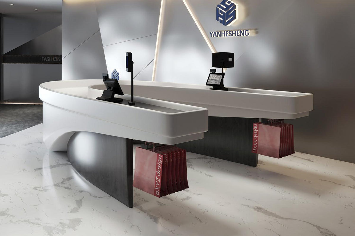 Side view of solid surface cashier counter for mall and supermarket projects with seamless acrylic solid surface finish