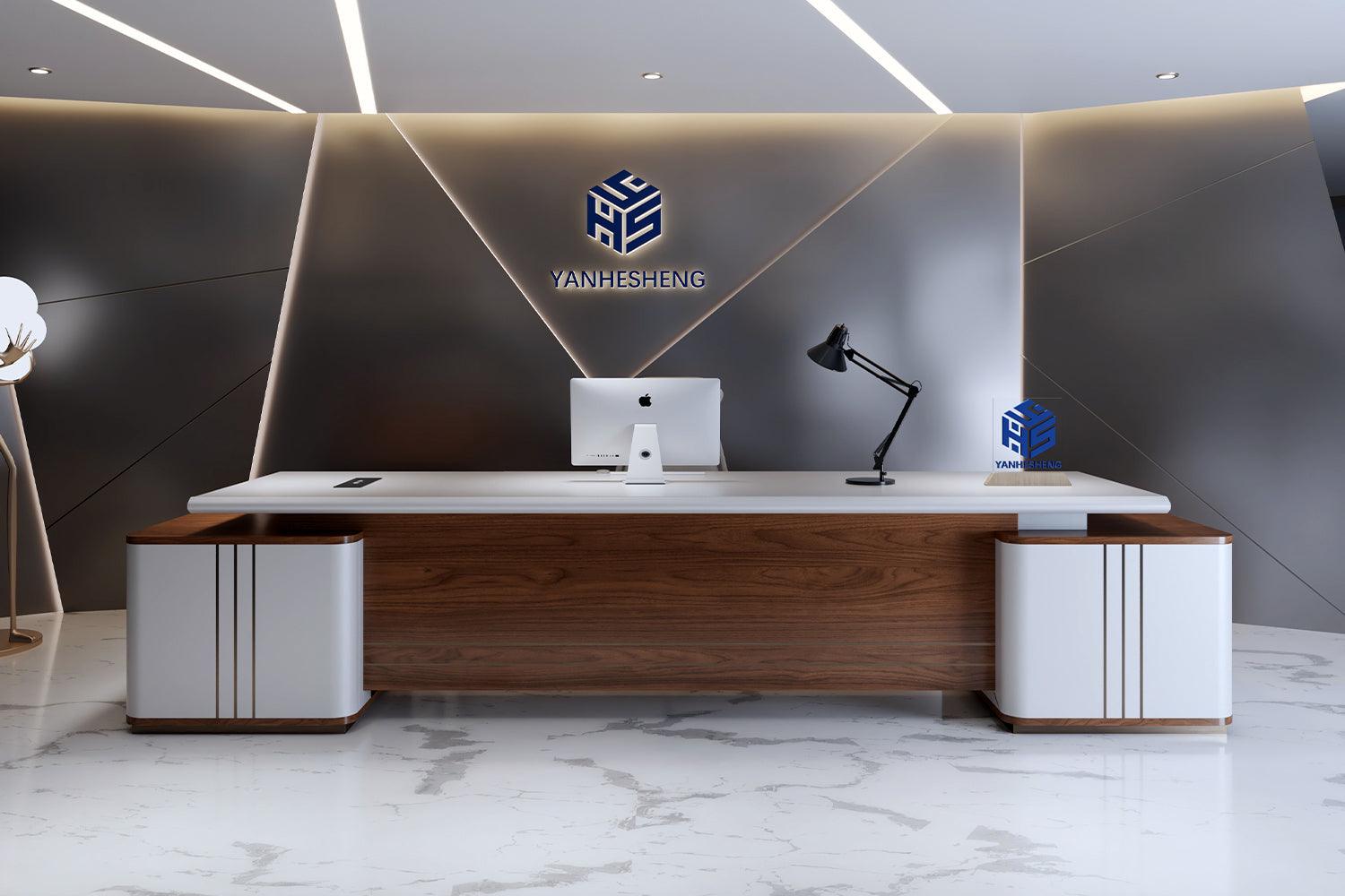 White L-Shaped Solid Surface Executive Desk in acrylic solid surface for custom B2B project furniture