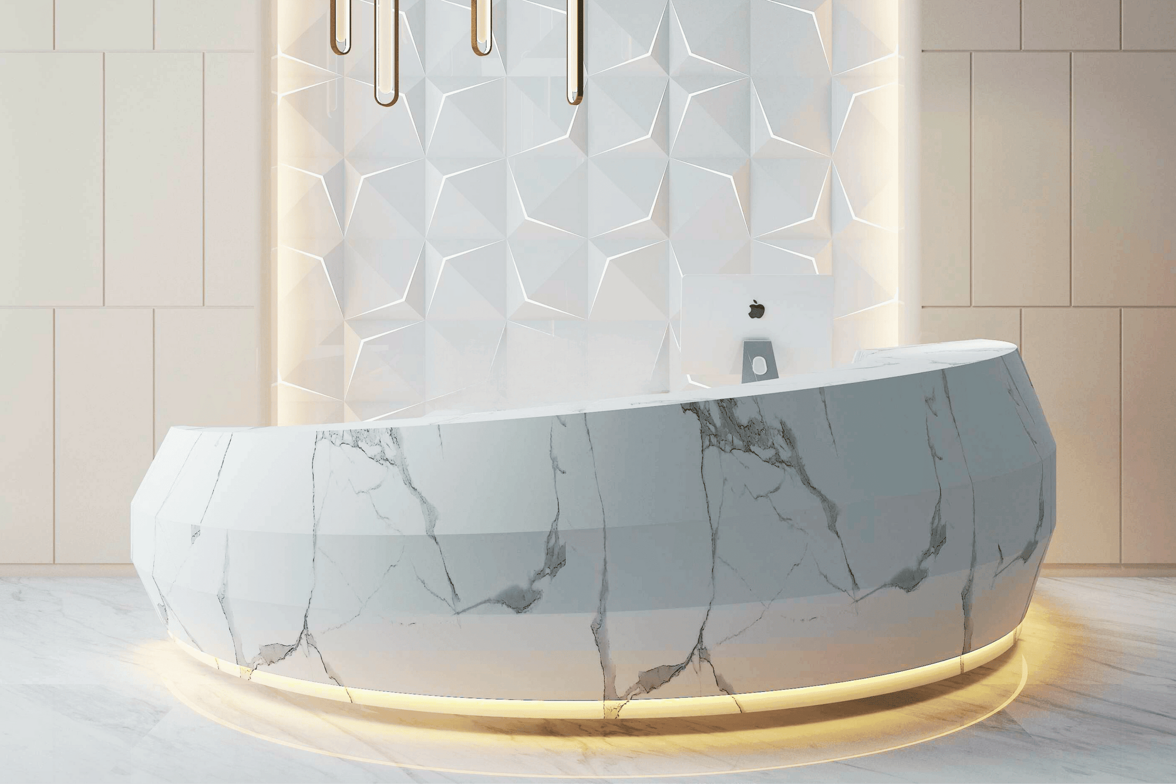 Curved solid surface reception counter for a hotel lobby