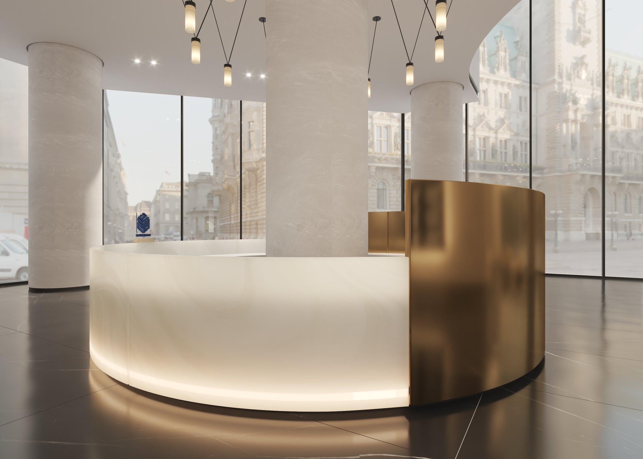 Side view of translucent marble solid surface round commercial bar counter with seamless acrylic solid surface finish