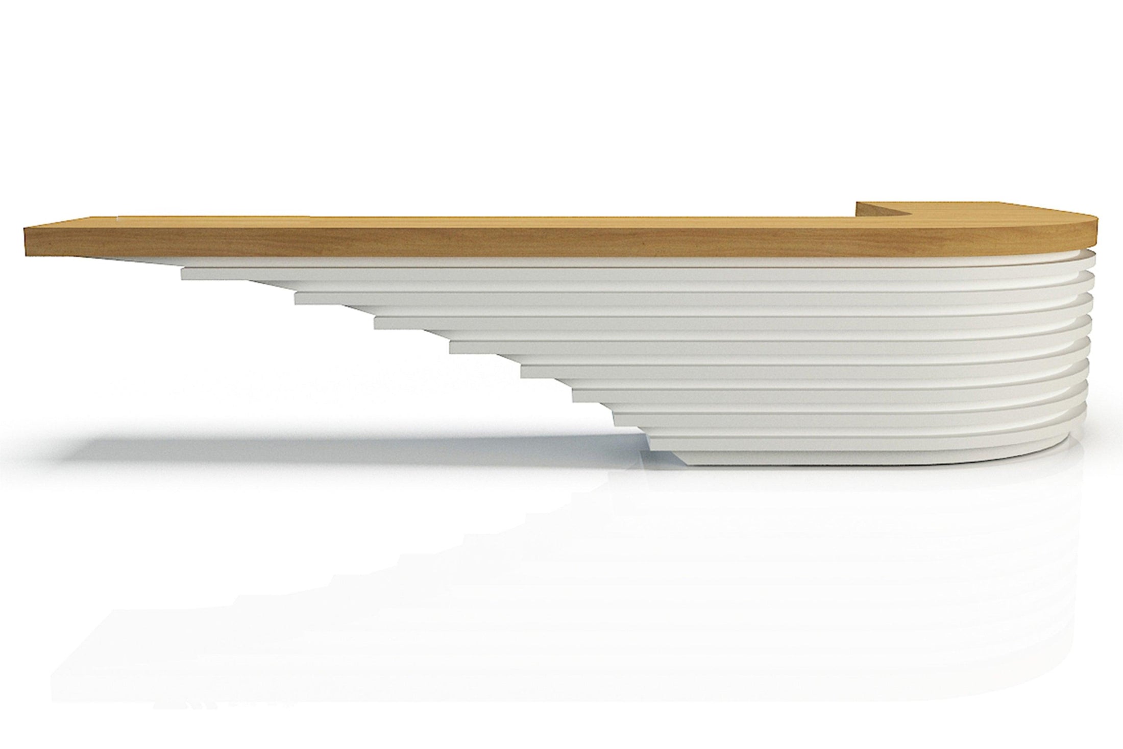 Side view of wood accent solid surface reception desk for modern offices with seamless acrylic solid surface finish