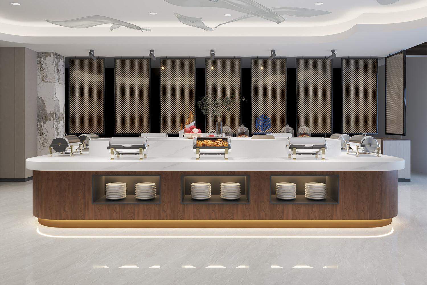 resturant buffer table hotel wood color solid surface stone led lgiht custom