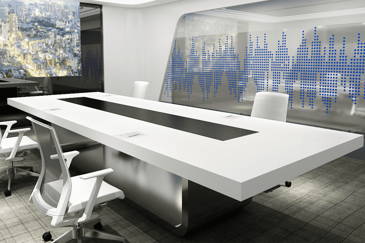 Side view of white solid surface conference table for 18-person office meetings with seamless acrylic solid surface finish