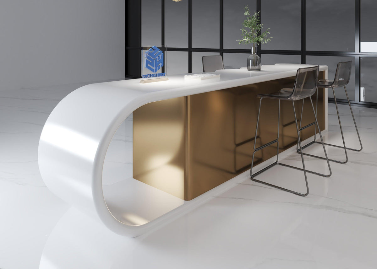 Side view of translucent solid surface kitchen island with gold stainless steel base with seamless acrylic solid surface finish