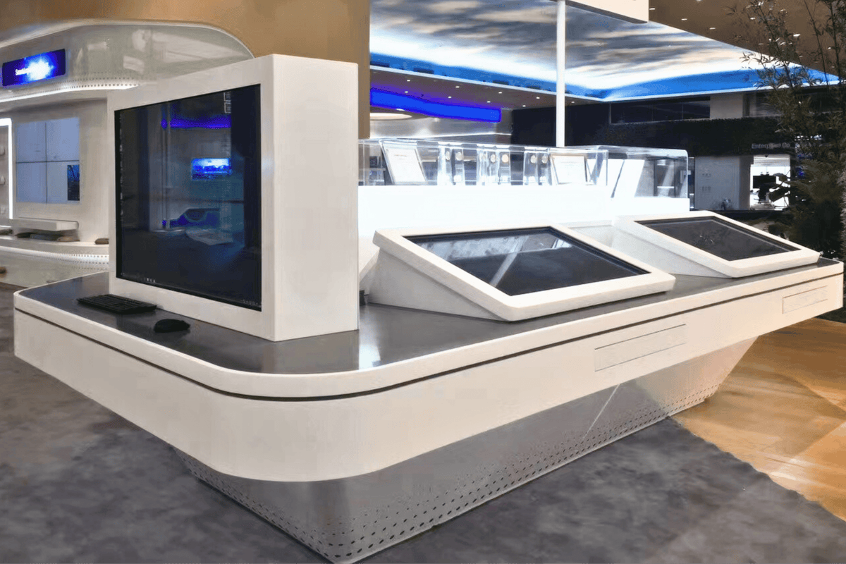 Custom Solid Surface Airport Check-In Counter with Kiosk Integration in acrylic solid surface for custom B2B project furniture