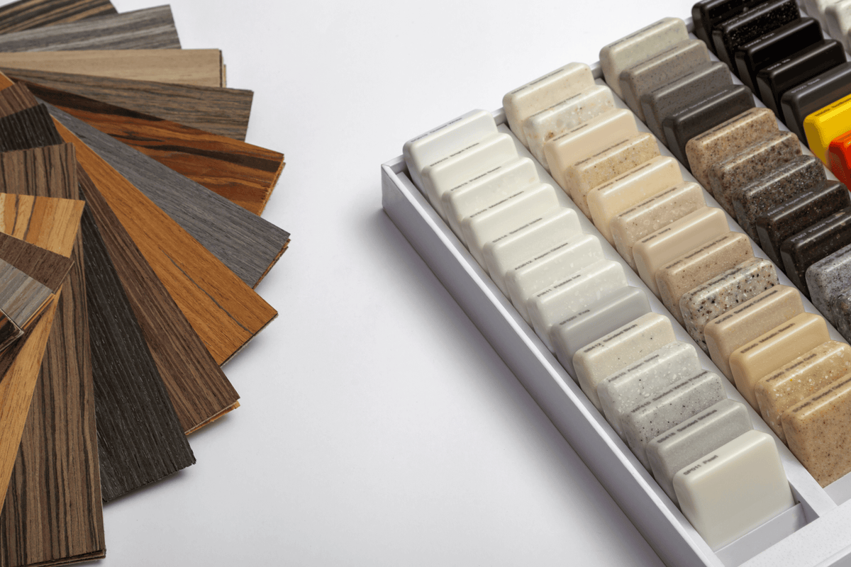 Solid surface material samples used for project color and finish review