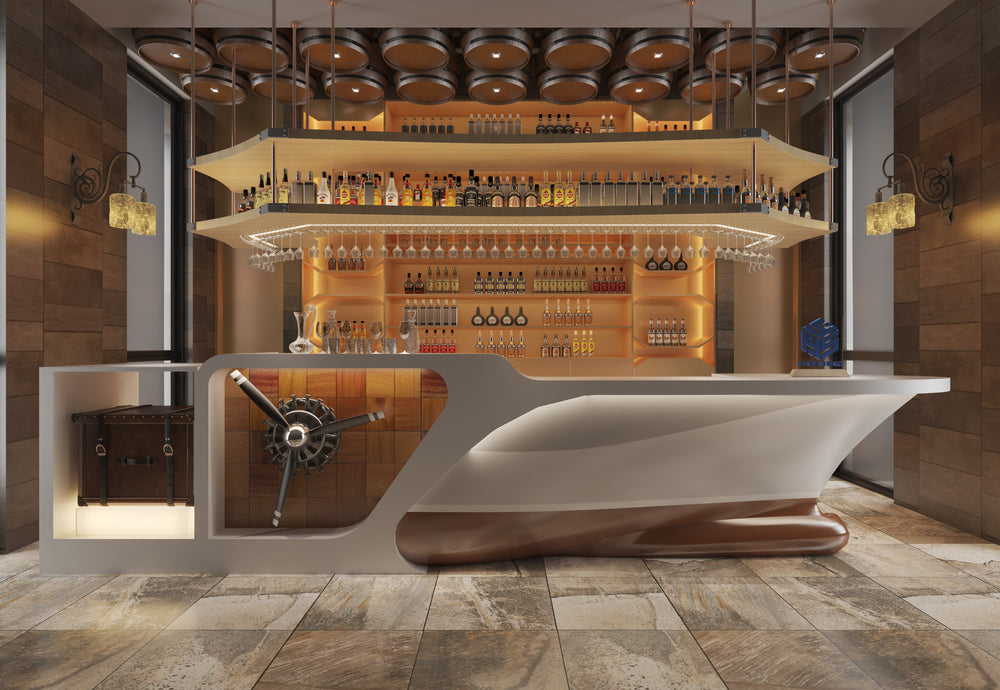 Application reference of a sculptural custom bar counter with integrated service equipment