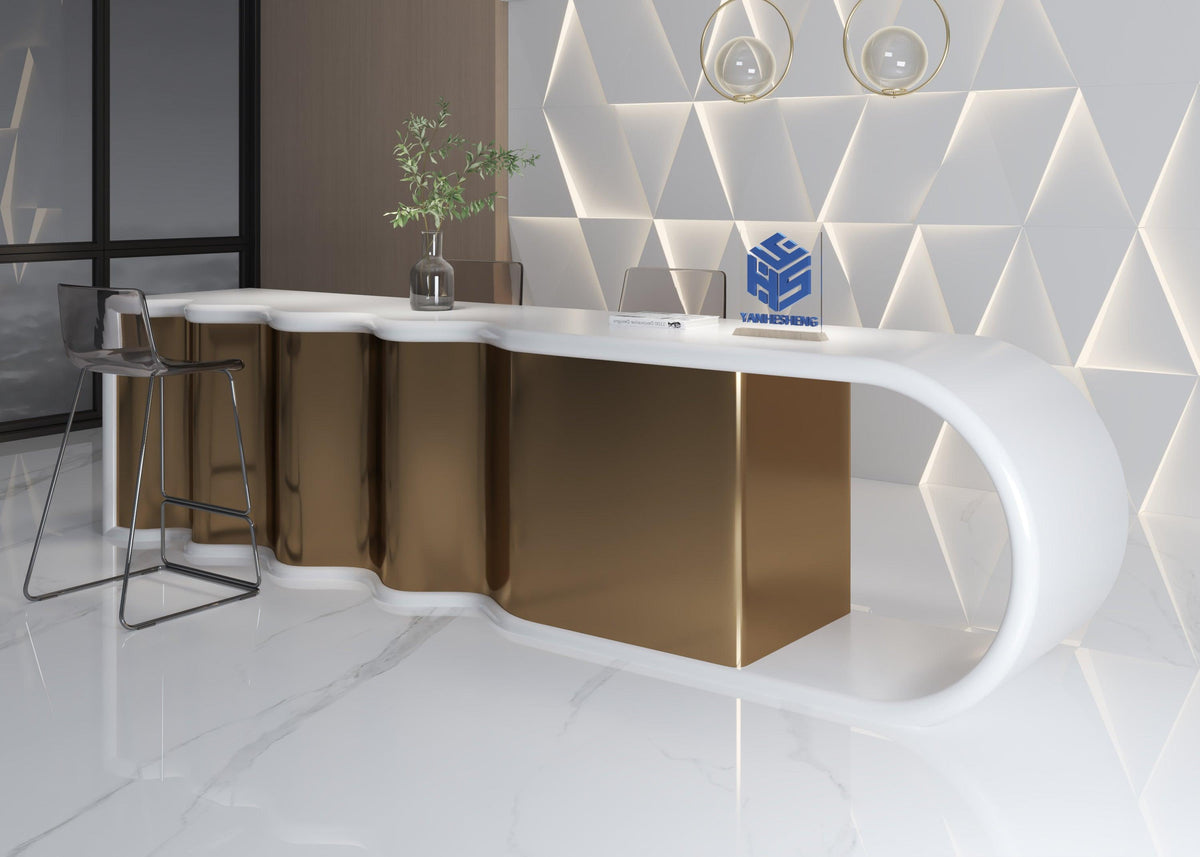 Side view of translucent solid surface kitchen island with gold stainless steel base with seamless acrylic solid surface finish