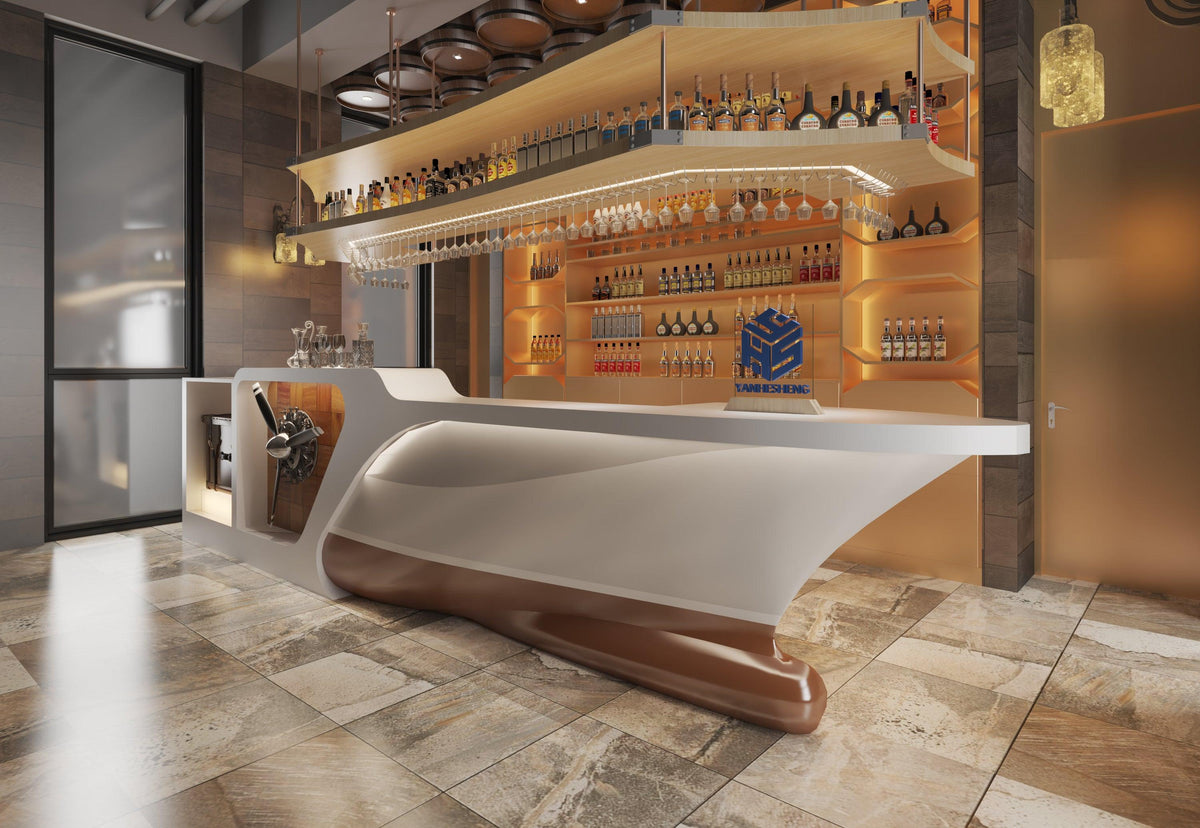 Side view of arc solid surface coffee shop bar counter with seamless acrylic solid surface finish