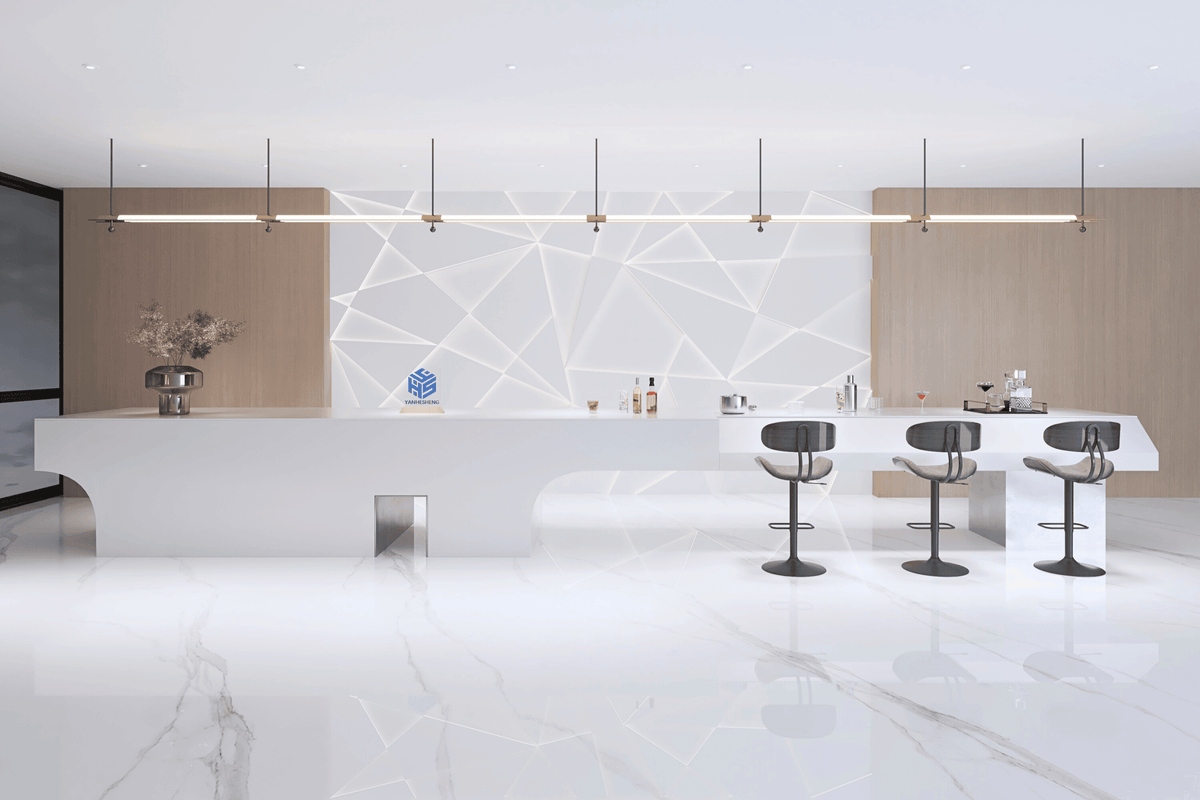 Side view of grey solid surface kitchen island counter for luxury interiors with seamless acrylic solid surface finish