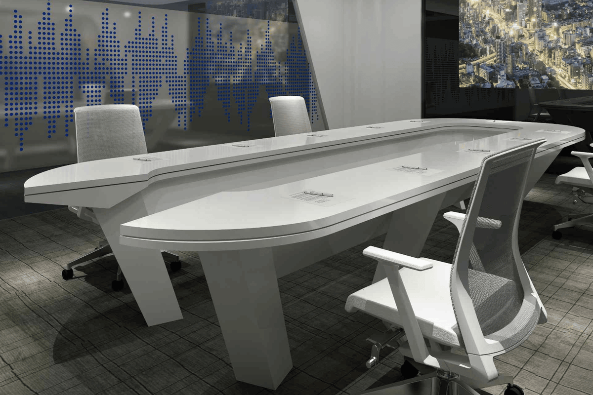 Side view of oval white solid surface conference table for 12-person meetings with seamless acrylic solid surface finish