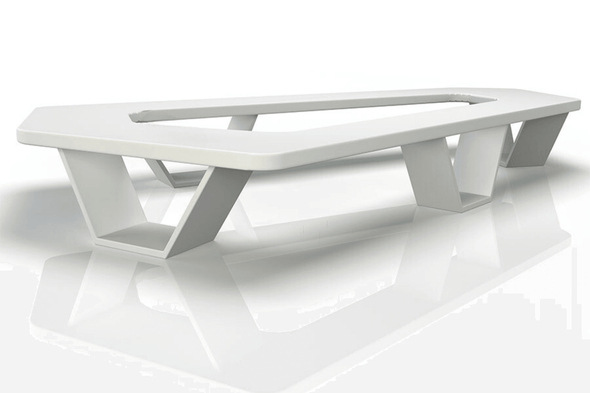 Side view of white five-meter solid surface conference table for 22-person meetings with seamless acrylic solid surface finish