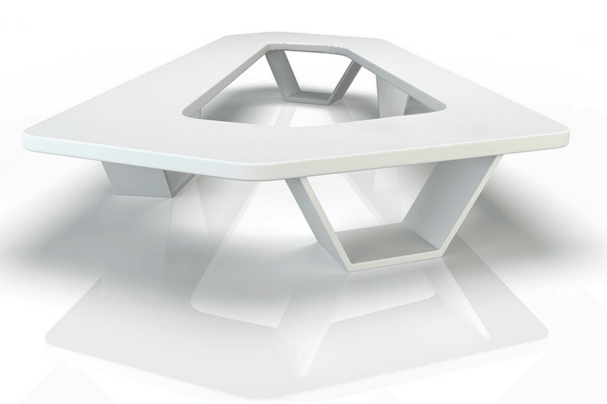 Side view of white five-meter solid surface conference table for 22-person meetings with seamless acrylic solid surface finish
