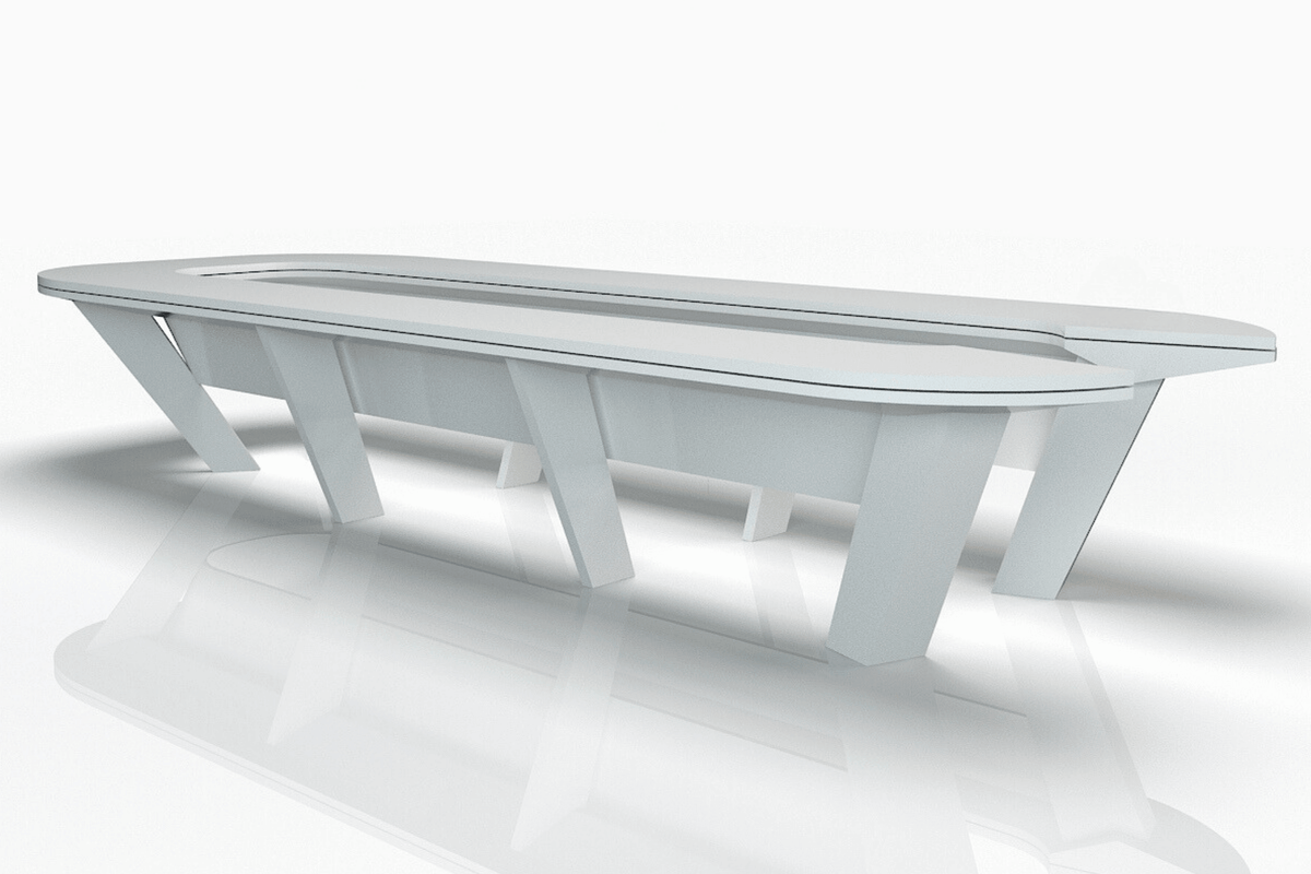 Side view of oval white solid surface conference table for 12-person meetings with seamless acrylic solid surface finish