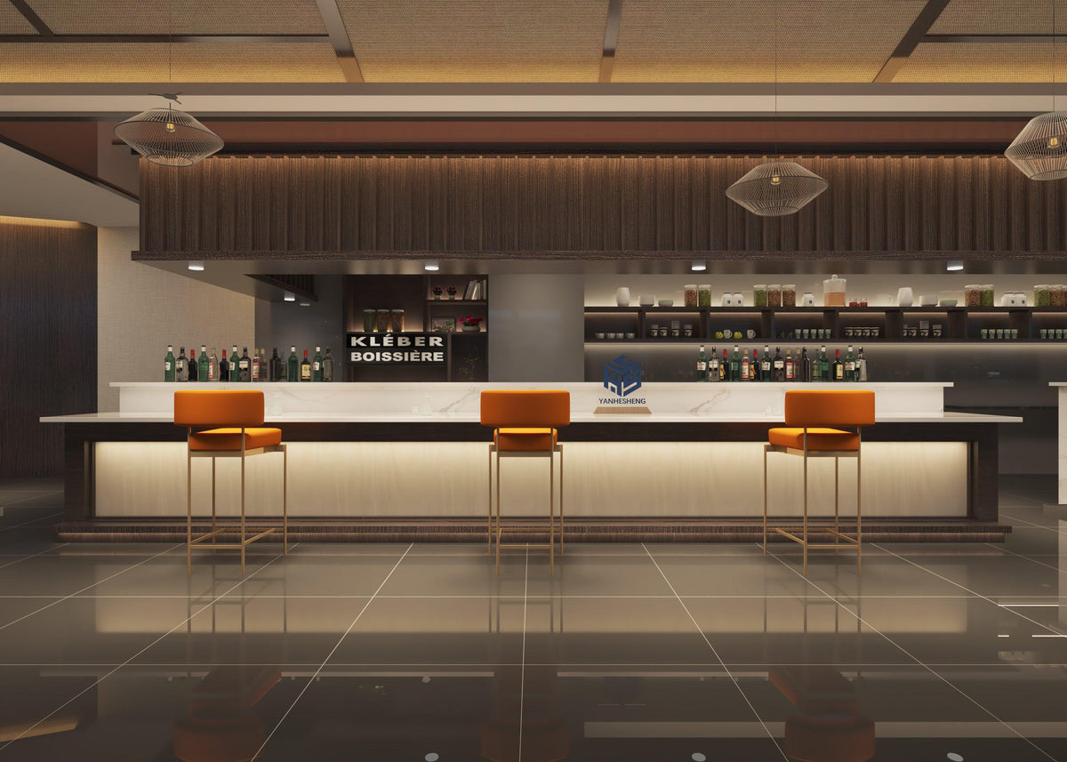 Side view of led white marble solid surface wine bar counter with seamless acrylic solid surface finish